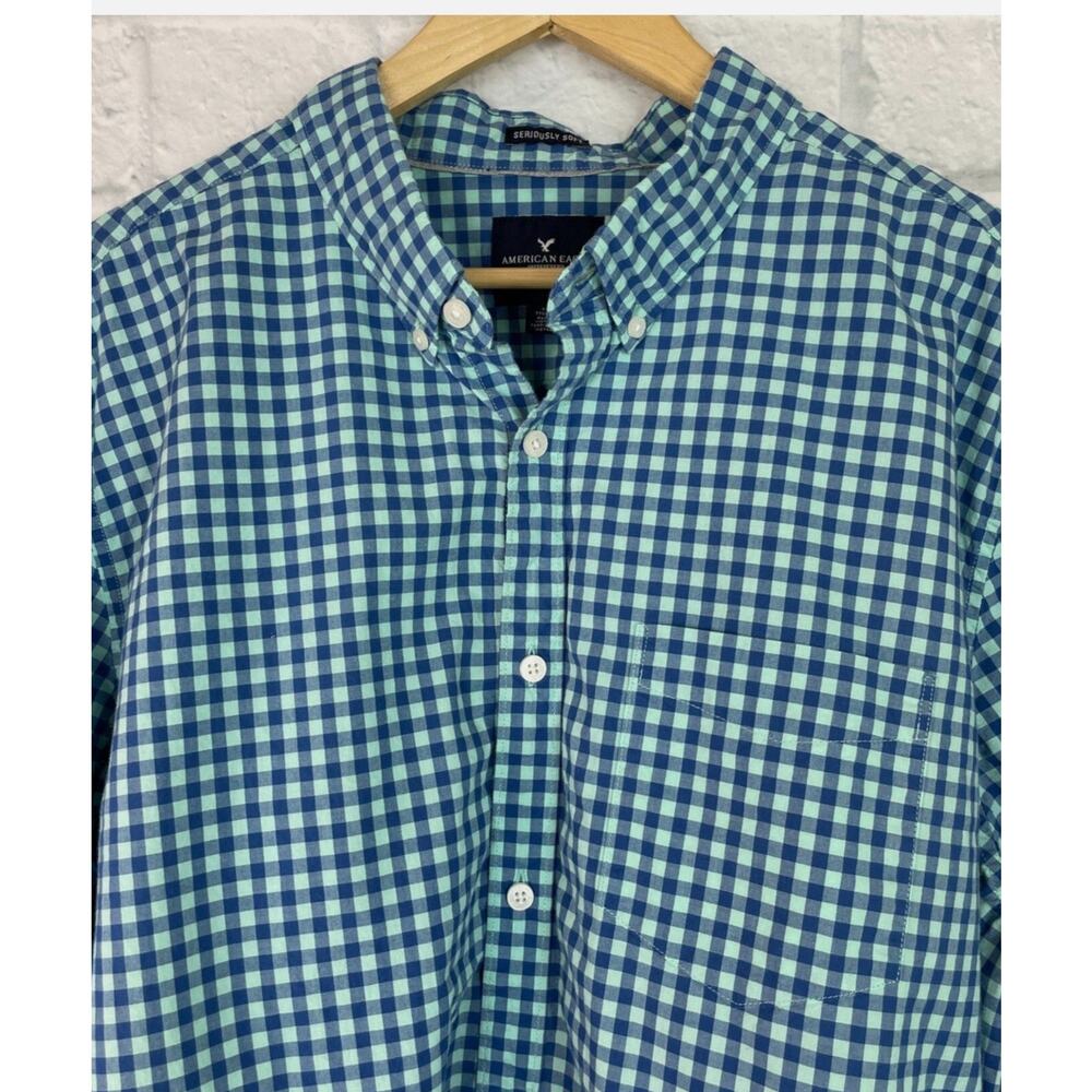 American Eagle Shirt Large Blue Gingham Plaid Button-Front Cotton Mens (T11) - Picture 2 of 4